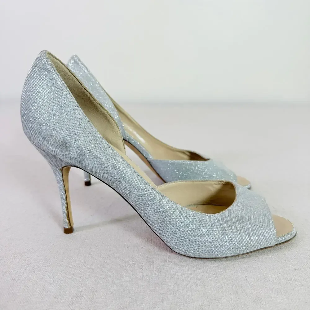 Manolo Blahnik Silver Metallic D'Orsay Peep Toe Stiletto Heels Women's EU 40.5